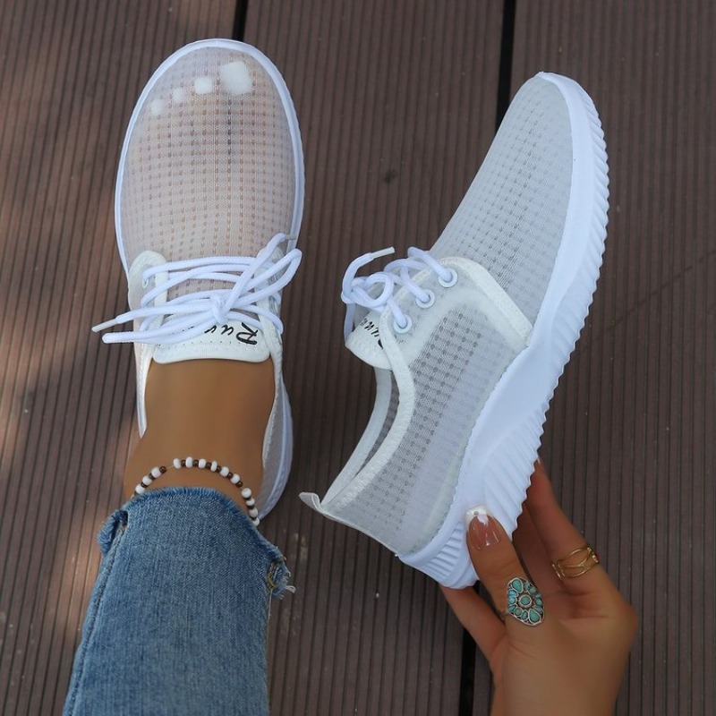 Sewing Cloth - Women's Sneakers Round Toe Lace-Up Sheer-Look